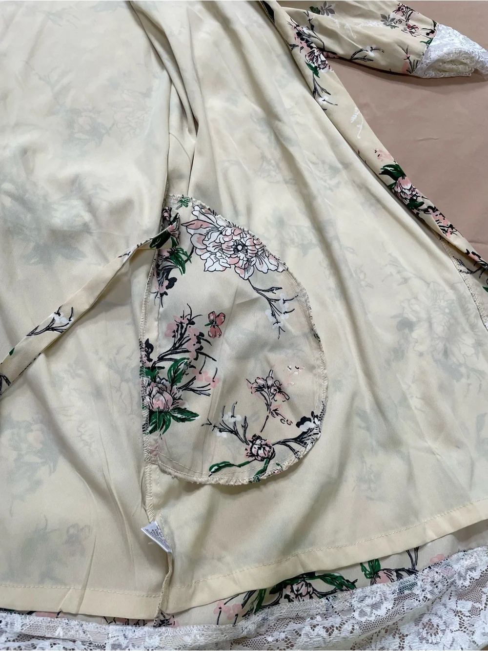 Beautiful Silken Floral Rose & Cream wrap robe with green accents, & lace trim
